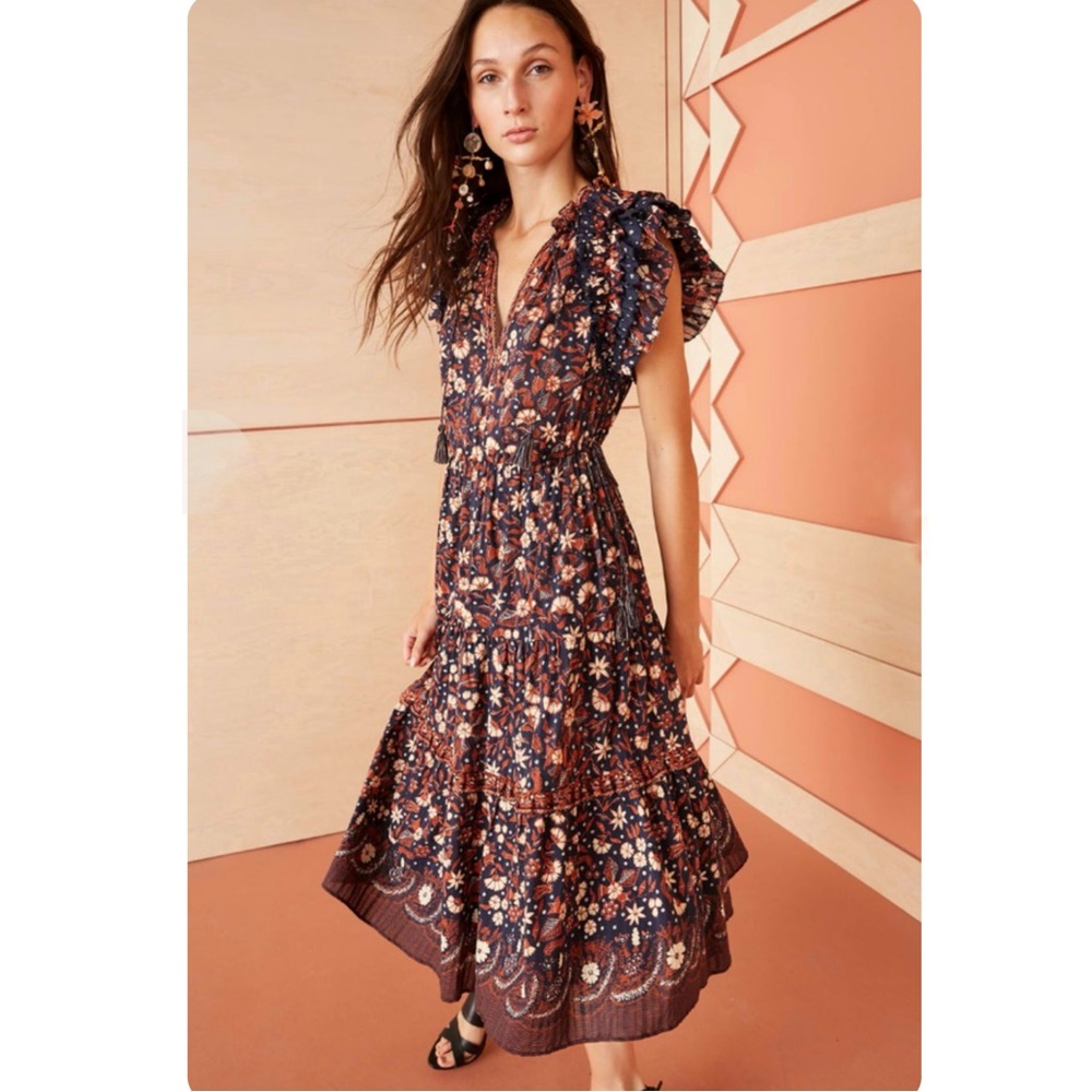ULLA JOHNSON Linnea Ruffled Cotton Floral Midi Dress in Midnight SOLD - Picture 1 of 7